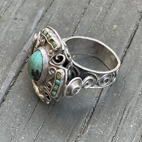 Vintage Sterling Silver Turquoise Ring Handmade Intricate Design Size 8 Boho Ch - Picture 6 of 11